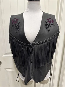 Women Leather Fringe Vest Highway One SZ L Cut Flowers Braided Accents Motorcycl - Picture 1 of 24