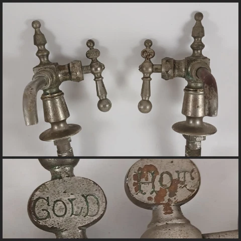 Antique PECK Brothers Sink Faucets, Hot & Cold Brass w/ Nickel Plate, Victorian Cover