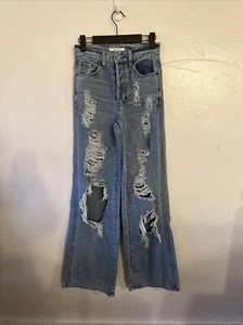 PACSUN Hi Rise Distressed Light Denim Wide Leg Jeans Size 24 Lots of Rips - Picture 1 of 10