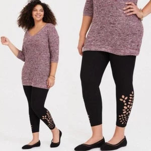 Torrid Black Floral Leaf Laser Cut Out Ankle Crop Leggings High Rise Size XL - Picture 1 of 12