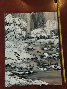 SANDY EZELL geese THE SNOW ORIGINAL WATERCOLOR LANDSCAPE PAINTING giant 23x40 - Picture 1 of 9