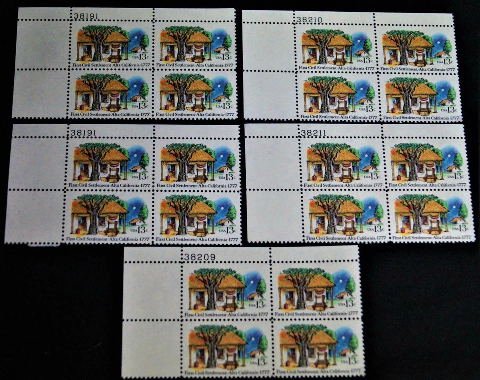 5 BLOCKS (20) 13 CENT U.S. POSTAGE STAMPS 1977 FIRST CIVIL SETTLEMENT ALTA CA - Image 1 of 1