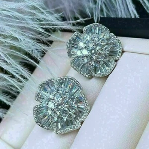2.40Ct Baguette Lab Created Diamond Flower Stud Earrings 14K White Gold Plated - Picture 1 of 12