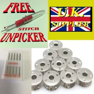 10 X METAL 'DROP IN' BOBBINS (66k) +NEEDLES FOR SINGER SEWING MACHINES +GIFT - Picture 1 of 2