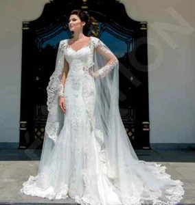 Lace Applique Bridal Wraps Cathedral Wedding Cape Shawls White and Ivory Bridal - Picture 1 of 12