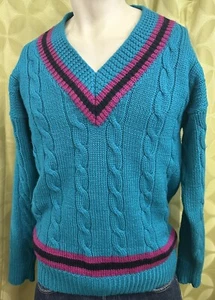 M Vintage 1980s V-Neck TENNIS CRICKET 100% Wool SWEATER JUMPER Teal Fuschia ENRO - Picture 1 of 4