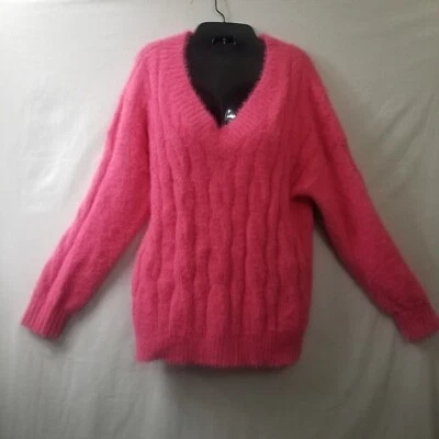 Suéter Lucky Brand Para Mujer Grande Rosa Brillante Pestañas Difusas Tejido con Cable Cuello en V Foto 1 de 4