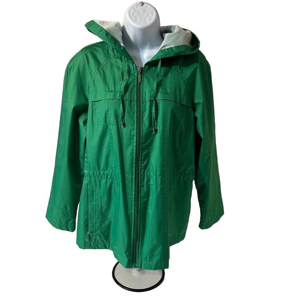 Raincoat Fleet Street LTD Hooded Women Size Petite Medium Green  Full Zip RN5041 - Image 1 of 4
