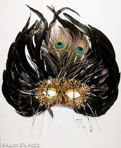Mardi Gras Mask Black /Brown Bird Style Feathered Eye Mask W/ Sequin - Picture 1 of 1