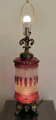 Rare Hollywood Regency / Bohemian Cranberry Cut-to-Clear Crystal Lamp  - Image 1 of 4