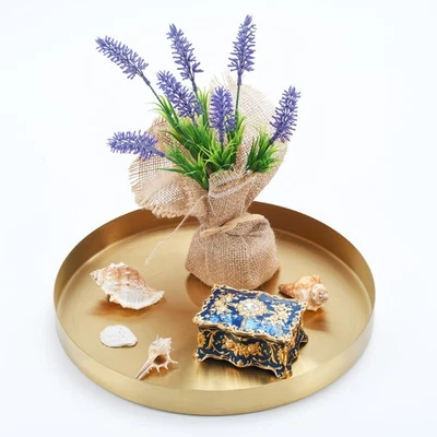 Round Brass Gold Serving Tray 12 inch Platter for Coffee Table Display - Image 1 of 4