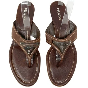Prada Brown Leather Logo Thong Sandals Size 40 - Picture 1 of 8