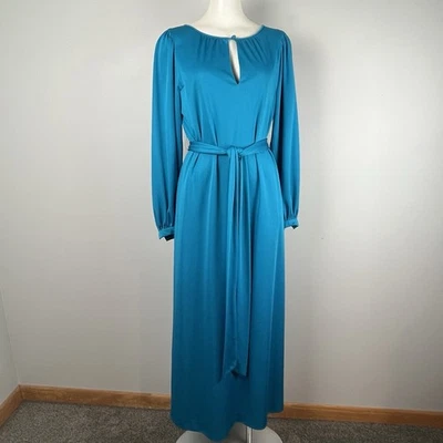 Maxi Vestido De Colección Años 70 Adele Simpson Azul Aqua Escote Cerradura Vestido de Anfitriona Talla M Foto 1 de 4