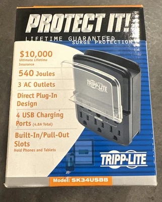 Tripp Lite SK34USBB Surge Protector 3 Outlets 4 USB Charging Ports Holds Phone - Image 1 of 3