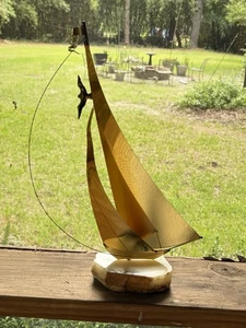 VTG DeMott Sculpture Brass Sailboat 15” Mid-Century MCM Art on Stone Base Signed - Picture 1 of 24