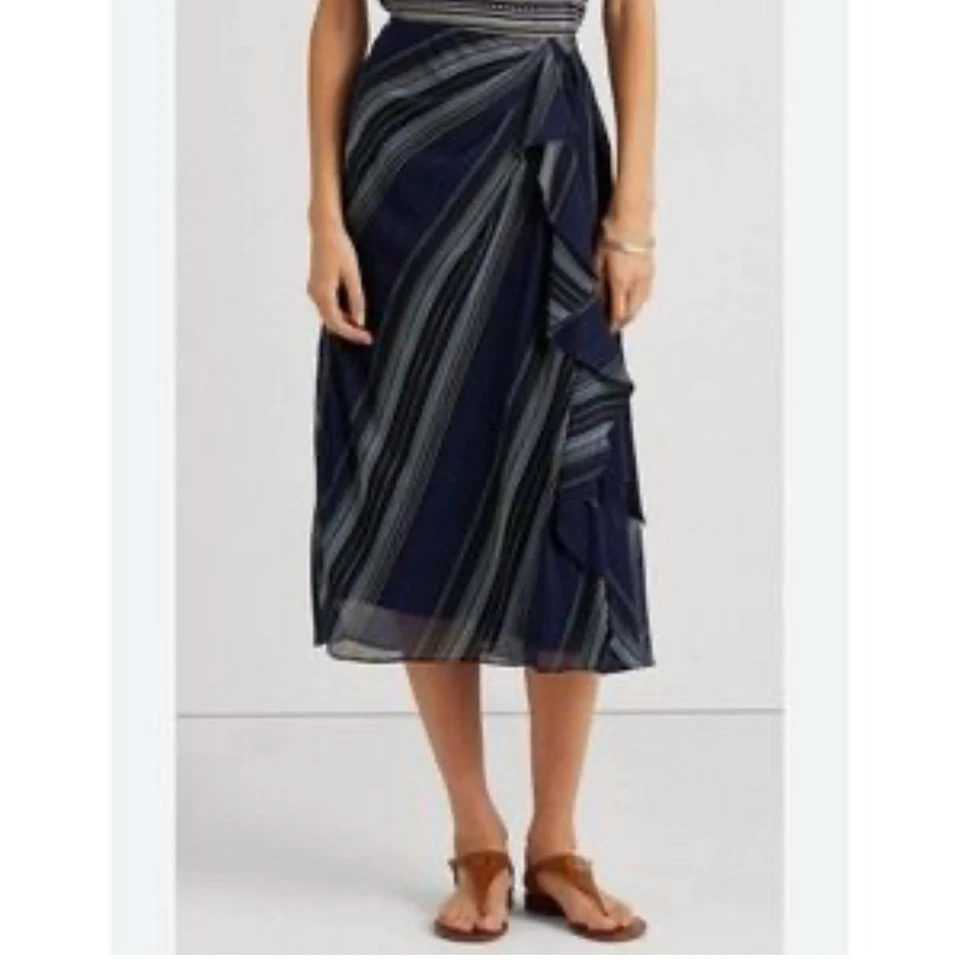 Falda midi para mujer Lauren Ralph Lauren azul a rayas con volantes talla 16 Foto 1 de 4
