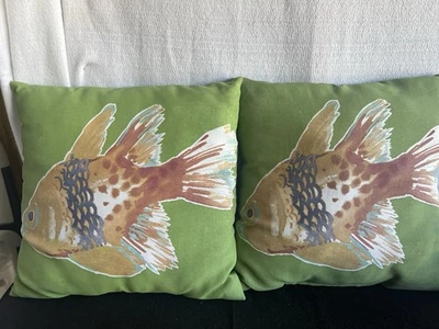 Decorative Pillow Bright Fish  Colorful Whimsical 14” X 14” Pair - Image 1 of 3