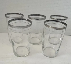 Vintage MCM Silver Rimmed Bar Juice Tumbler Glasses 4 In Tall Set of 5 - Picture 1 of 11