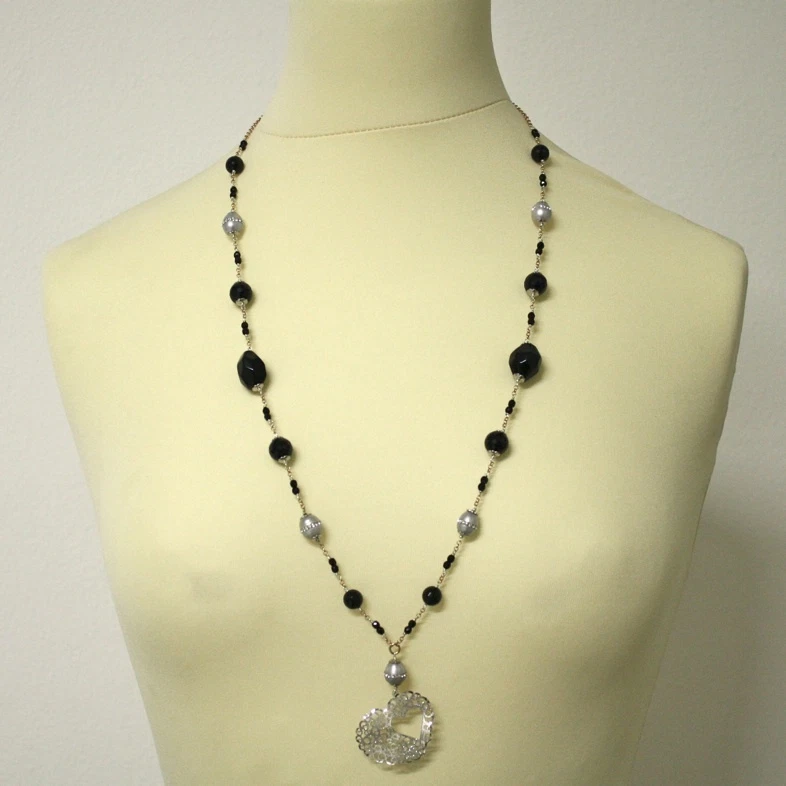 Collar Largo En Plata 925 Rodiado Con Ónix Y Perlas - Imagen 1 de 1