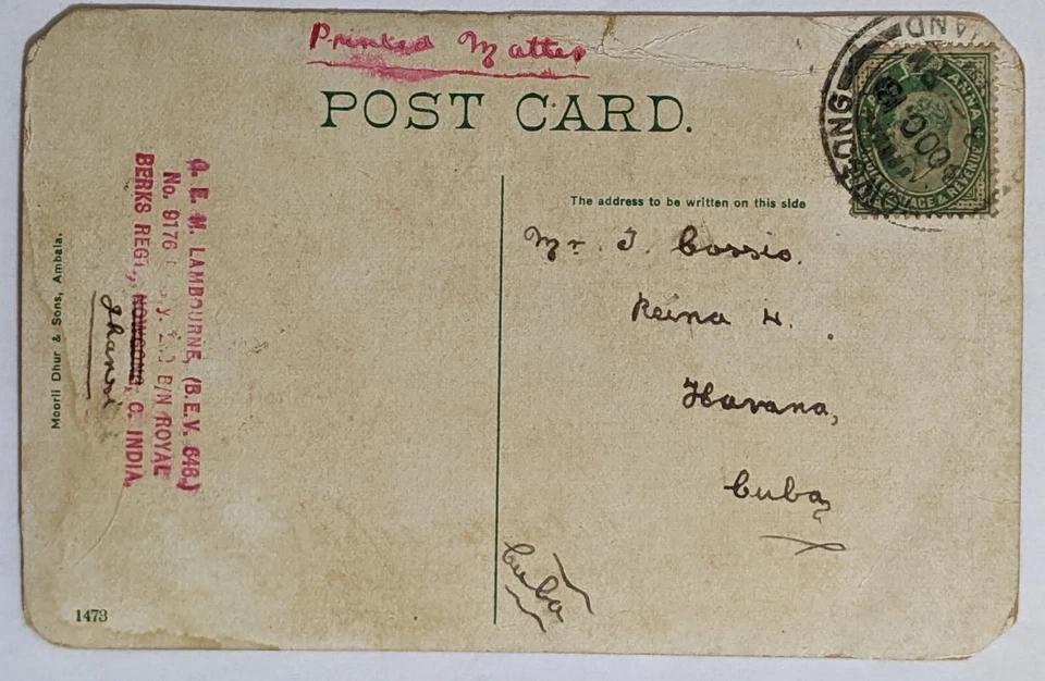 2nd Royal Berks Reg., Nowgong, IN--PC Collector, Habana, CU/0,5p. en PC/1913! Foto 1 de 2