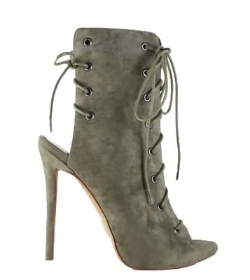 Womens Ankle Boots Peep Toe Suede Elegant Lace up Booties Khaki Olive Army Green - Image 1 of 3