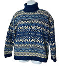 Ralph Lauren Mens Sweater Medium Blue Fair Isle Hand Knit Wool Turtleneck