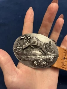 Bergamot Buckle A-900 Deer Stag buckle USA 1990 Size~75x57mm Heavy + New Belt - Picture 1 of 9