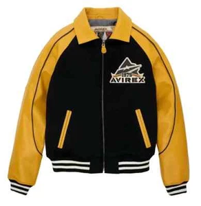 Hombres Avirex Cuero Chaqueta Universitaria Amarillo Nueva York Lana Bombardero Estilo Clásico 1975 - Imagen 1 de 10