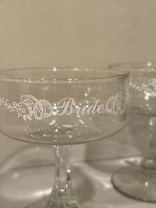 Vintage Bride and Groom White Lettered Wedding Toast Champagne Glasses Set of 2