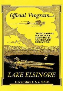 1930 - Gara di Barche da Regata Fuoribordo Midwinter - Lago Elsinore - Calamita Promozionale - Foto 1 di 2