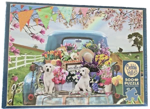 Cobble Hill 500 Pc Jigsaw Puzzle Country Truck Colorful Puppies Flowers Spring - Picture 1 of 12