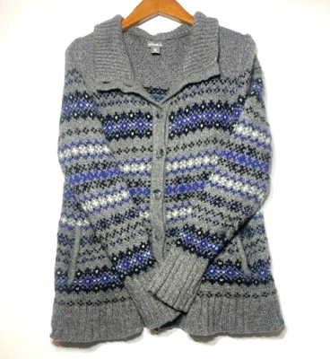Eddie Bauer Fairisle Knit Gray Blue Cotton Wool Cardigan Woman's Sweater Sz L - Image 1 of 4