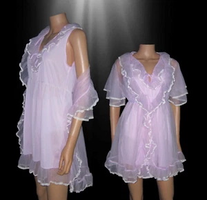 Vintage Sheer Chiffon Baby Doll Nightie Peignoir Set LAVENDER Ruffles Size M - Picture 1 of 8
