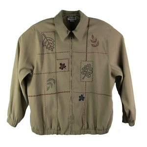 Vintage Alfred Dunner Jacket Women Size 18W Tan Embroidered Leaves Zip-Up Coat - Picture 1 of 11