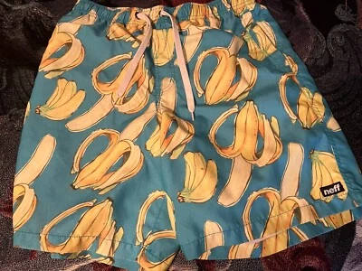 BANANA PRINT MENS BOARD SHORTS SIZE LARGE. BLUE YELLOW NEFF MENS - Image 1 of 3