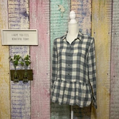 Camisa Melrose & Market Peplum Manga Larga Franela Popover Abotonada Gris A Cuadros Foto 1 de 4