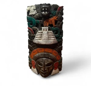Mayan Aztec Folk Art Carved Stone Mask Wall Art Stoneware Pottery - Picture 1 of 9