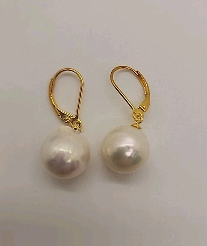 SPL142 11.5-12.5mm White Cultured FW Pearl 18k YG/Silver Dangle Earrings NIB - Image 1 of 4