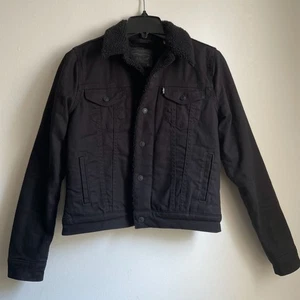 Levis Sherpa Lined Trucker Denim Jacket Snap Button Black Women XS - Picture 1 of 12