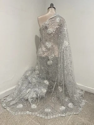 Silver White Embroidery Sequins Lace Fabric 50” Width Sold By The Yard - Image 1 of 4