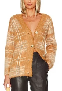 NWOT Vince Women’s Brushed Plaid Cardigan in Tan Scotch Plaid Alpaca Wool Sz XS - Picture 1 of 14