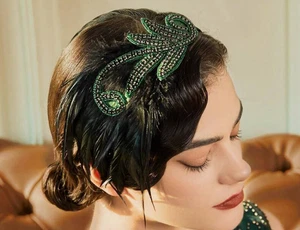 HEADBAND - 1920s Flapper Roaring 20s Headpiece, Crystal Feather Headpiece, Green - Picture 1 of 3