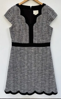 Vestido Kate Spade Tweed 12 Negro Blanco Boucle Festoneado Foto 1 de 4