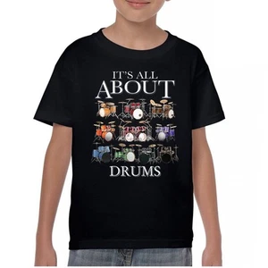All About Drums Youth T-shirt Colorful Funny Drummer Music Festival Party Kids - Picture 1 of 50