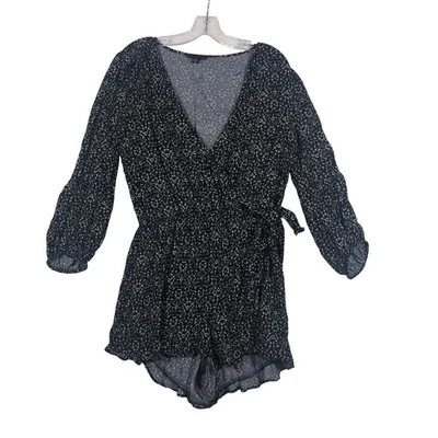 American Eagle Floral Wrap Romper Size Medium V-Neck Long Sleeve Black White - Image 1 of 4