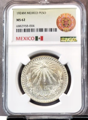 1924 MEXICO SILVER 1 PESO NGC MS 62 SCARCE NICE COIN - Image 1 of 3