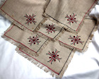 (6) 7.5" X 7.5" Embroidered Linen Doilies Doily Red & Black on Beige Fringe Edge