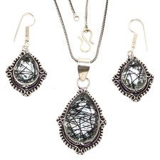Jewelry Pendant & Earring 2'' Black Rutile Quartz Gemstone Handmade Silver