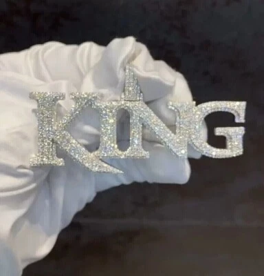 Men's 3Ct Round Real Moissanite King Letter Pendant 14K White Gold Plated Silver - Image 1 of 4