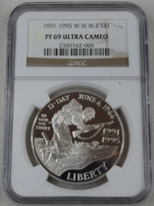 1991-1995 World War II Proof Silver Dollar NGC PF 69 US Mint $1 Commemorative - Picture 1 of 2